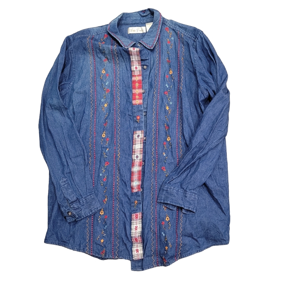 Bobbie Brooks Womens Large Blue Denim Floral Embroidered Plaid Trim Button Shirt